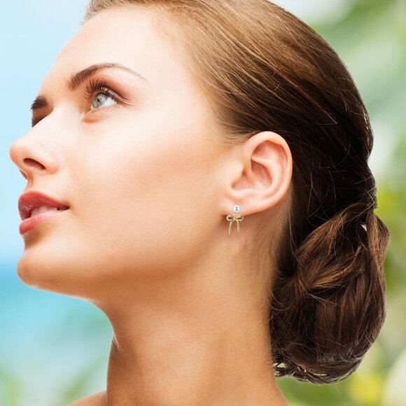 Women's Gold Dainty Pearl Bow Trendy Drop Dangle Earrings Statement Jewelry - Picture 6 of 7